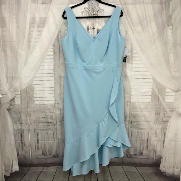 Xscape Size 14W Plus Aqua Blue Ruffled Midi Sleeveless Sheath Dress V Neck NWT - Picture 10 of 13